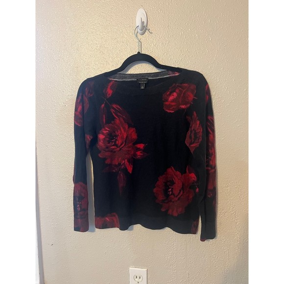 Talbots Pure Merino Wool Floral Black and Red Sweater Size L - Picture 1 of 5